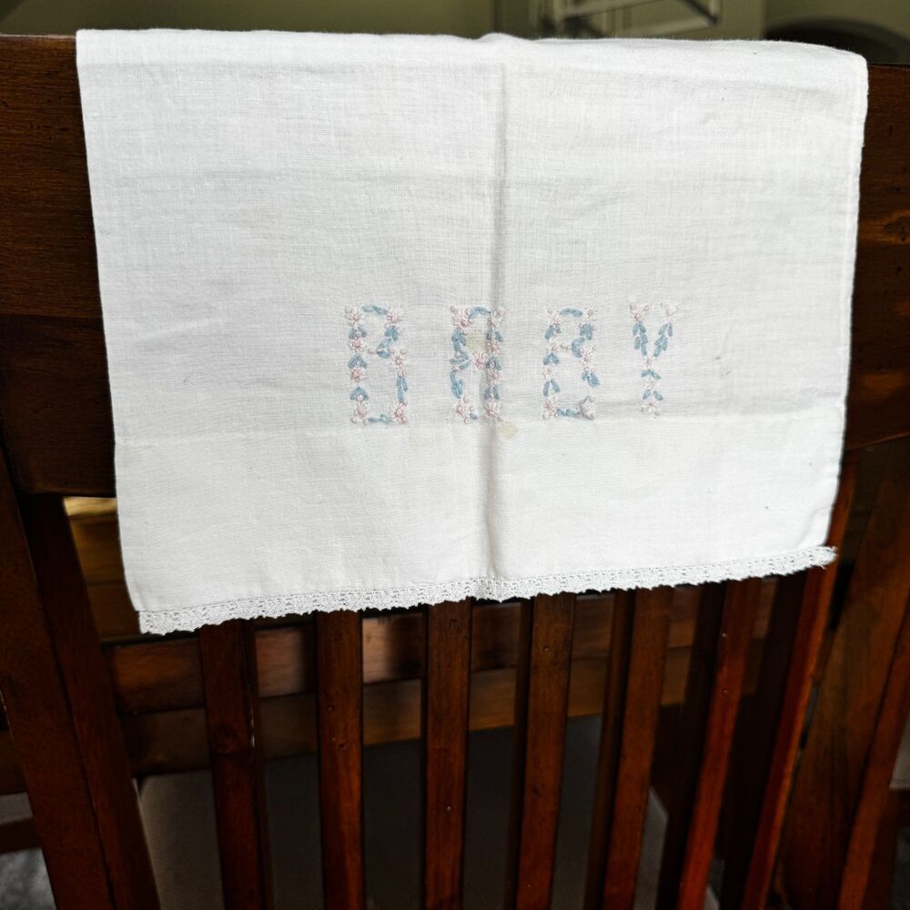 VTG Hand Embroidered Baby Pillowcase Monogrammed White Floral blue and pink